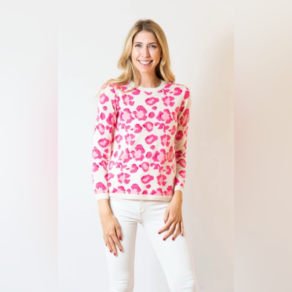 TWO BEES CASHMERE LEOPARD PRINT IVORY AND PINK Medium Crewneck Sweater